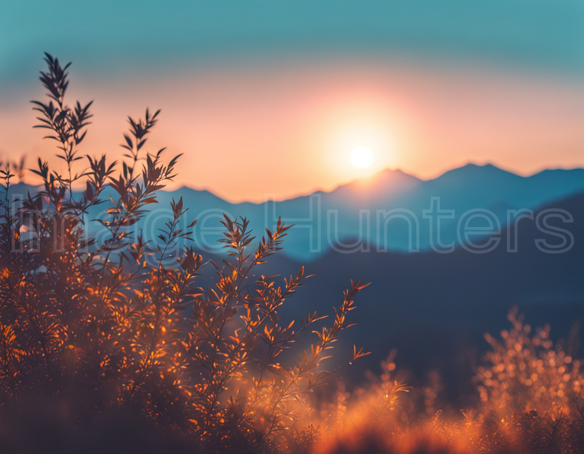 Sunset with Silhouetted Mountains and Shrubs