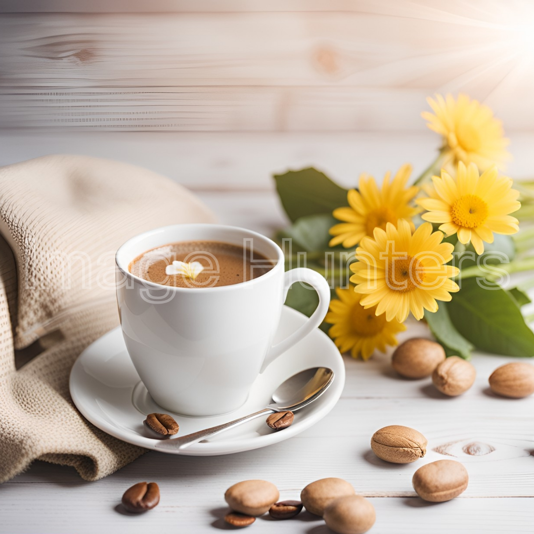 A cup of coffee and flowers