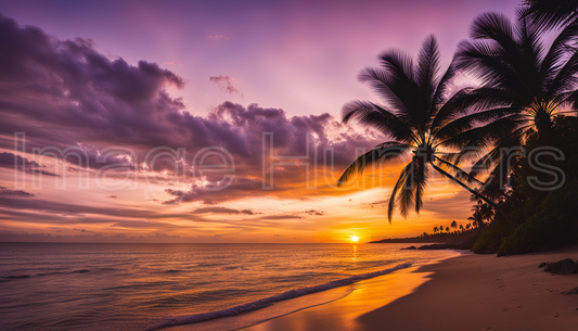 Palm Trees at Sunset on Beach Horizon