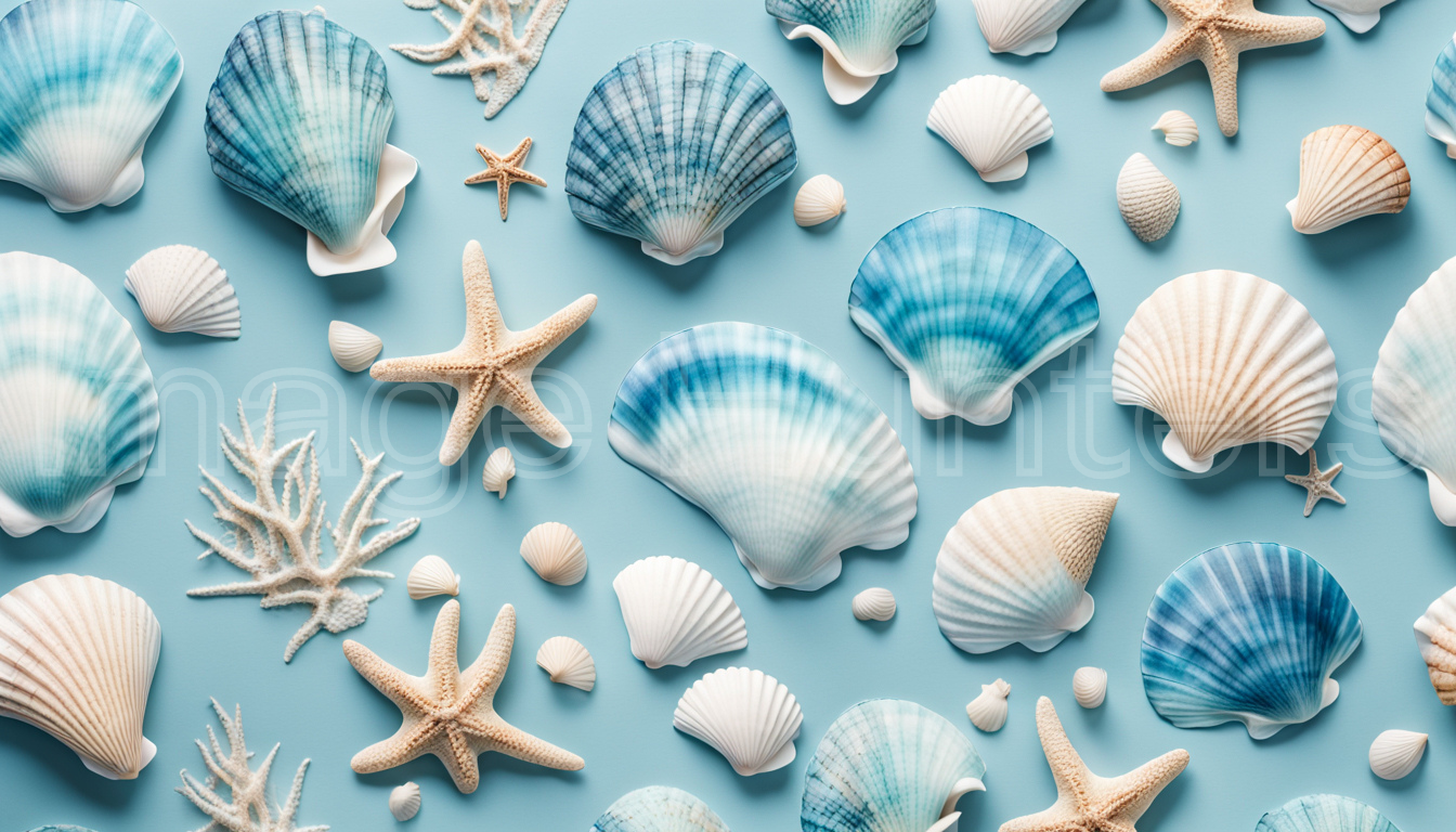 Top View of Seashell Motifs on Blue Background