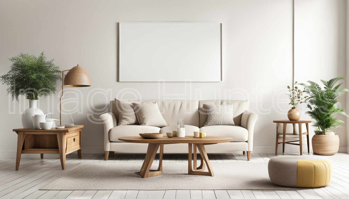 Beige Sofa in Living Room with White Mockup Wall Background