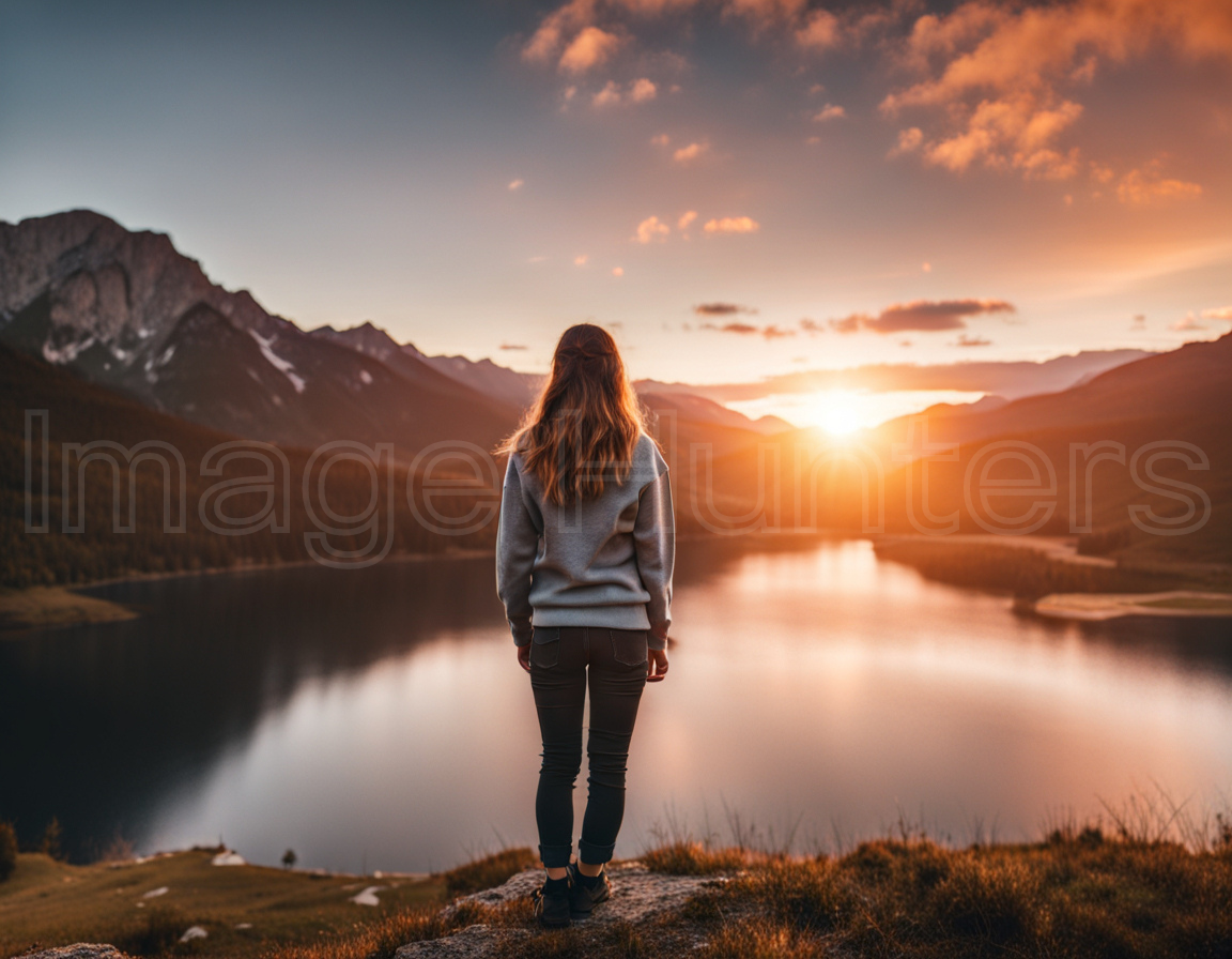 Woman Admiring Sunset in Mountain Setting