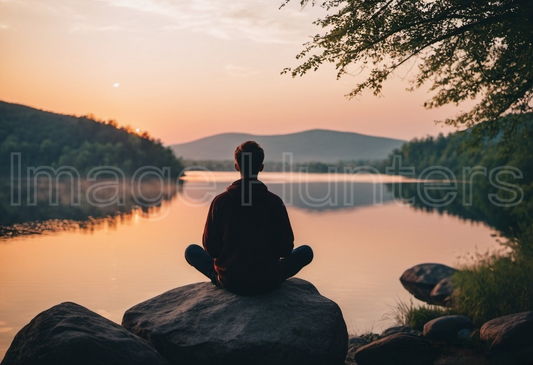 a person meditating on a rock beside a tranquil lake