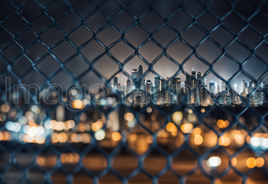 City lights blur through a wire mesh fence at night