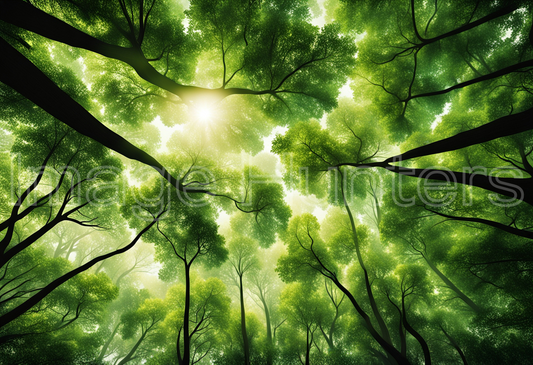 Sunlight filters through lush green leaves