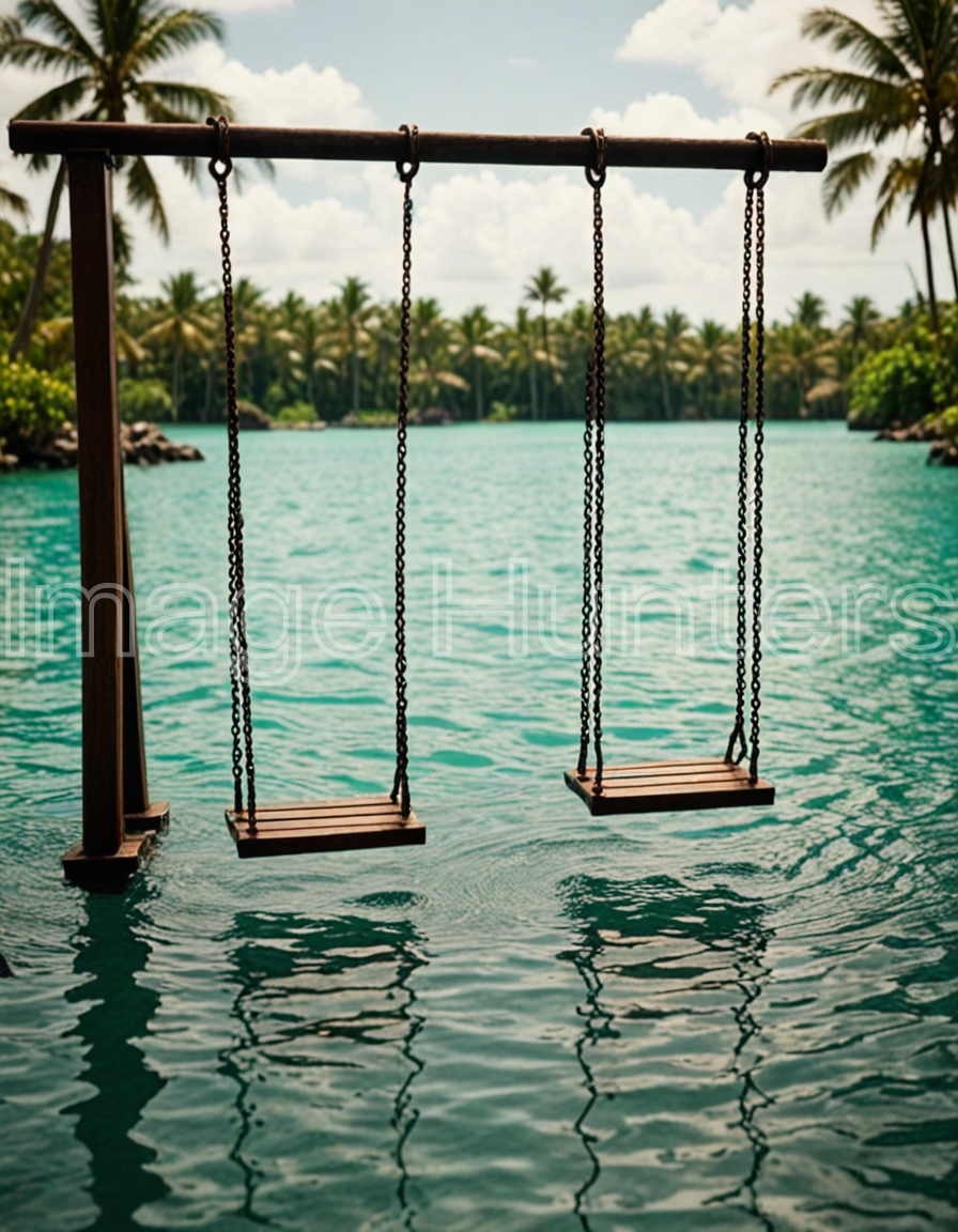 Two swings hang above clear tropical waters.