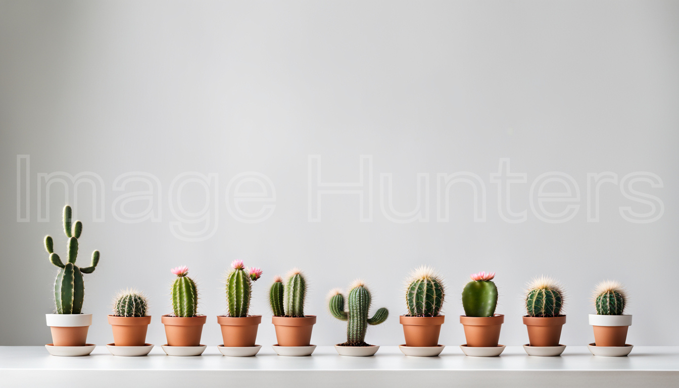 Potted Cactus Plants on White Table, isolated on white background