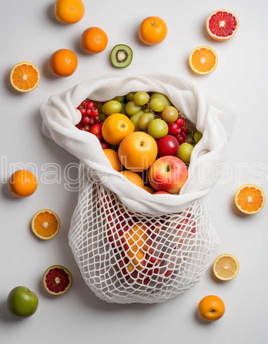 White Bag Filled with Fresh Fruit on Clean Background