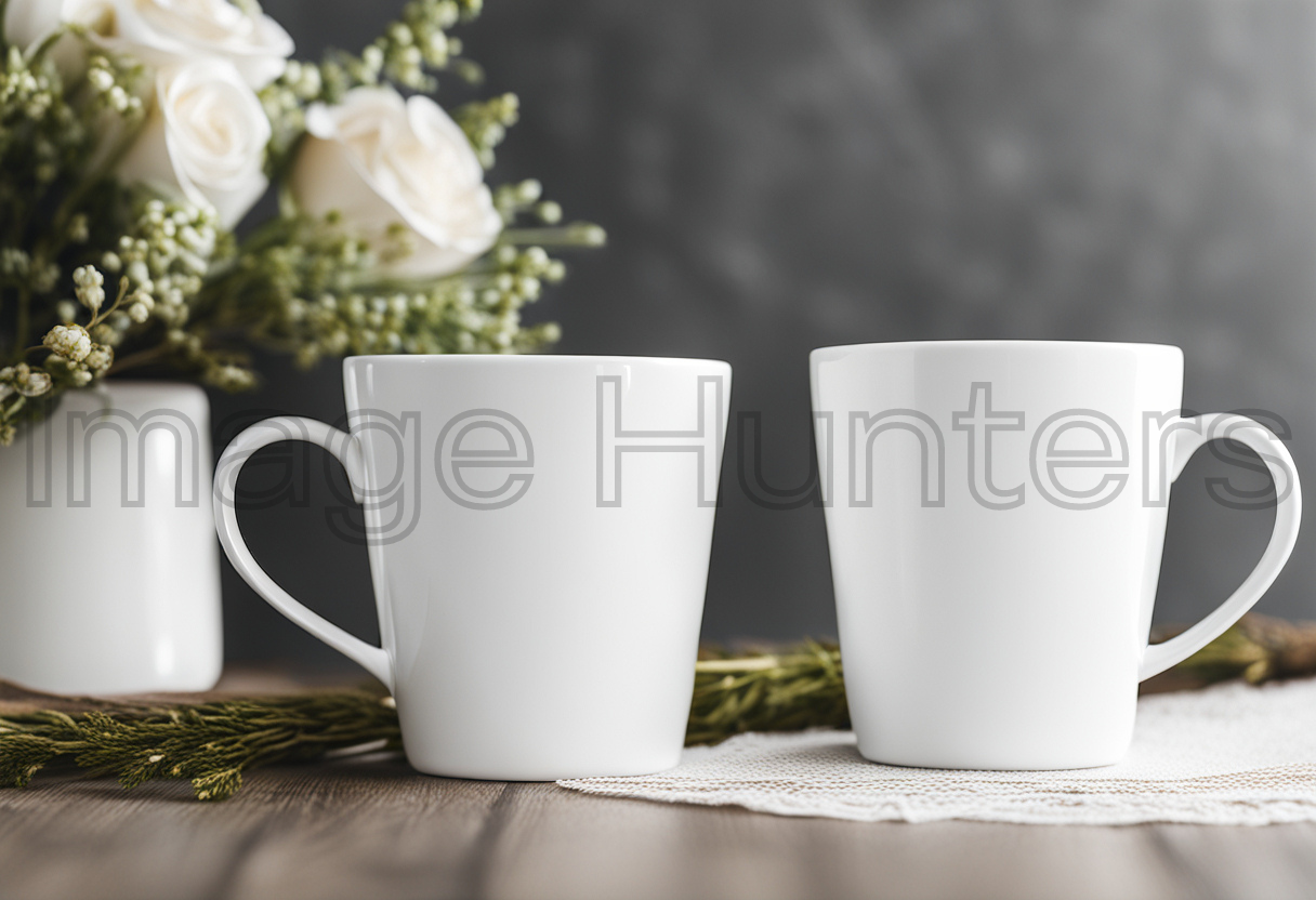 Pair of Blank White Wedding Mugs or Cups Mockup