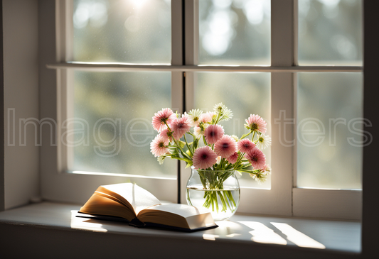 Sunlit room with open book, flowers in vase by window