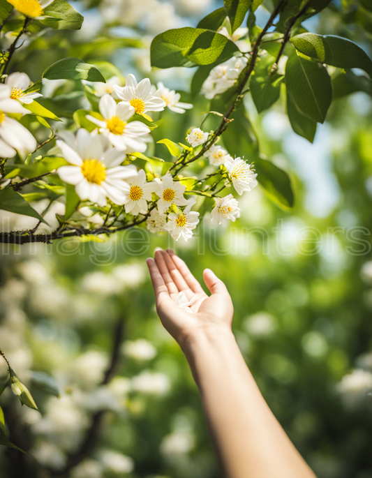 Hand gently touches flower on tree branch in sunlight