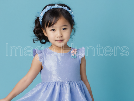 Young Asian girl poses cute in studio against a vibrant blue backdrop