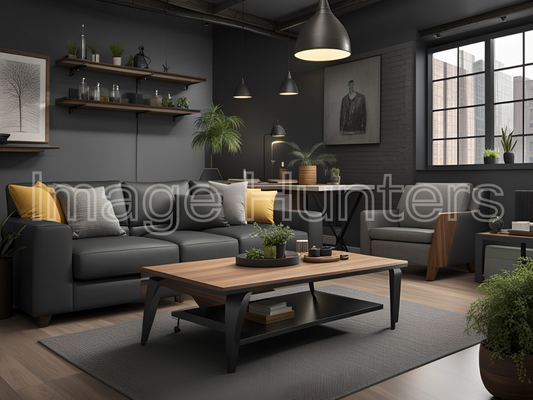 Modern urban living room with sofa and industrial-style table