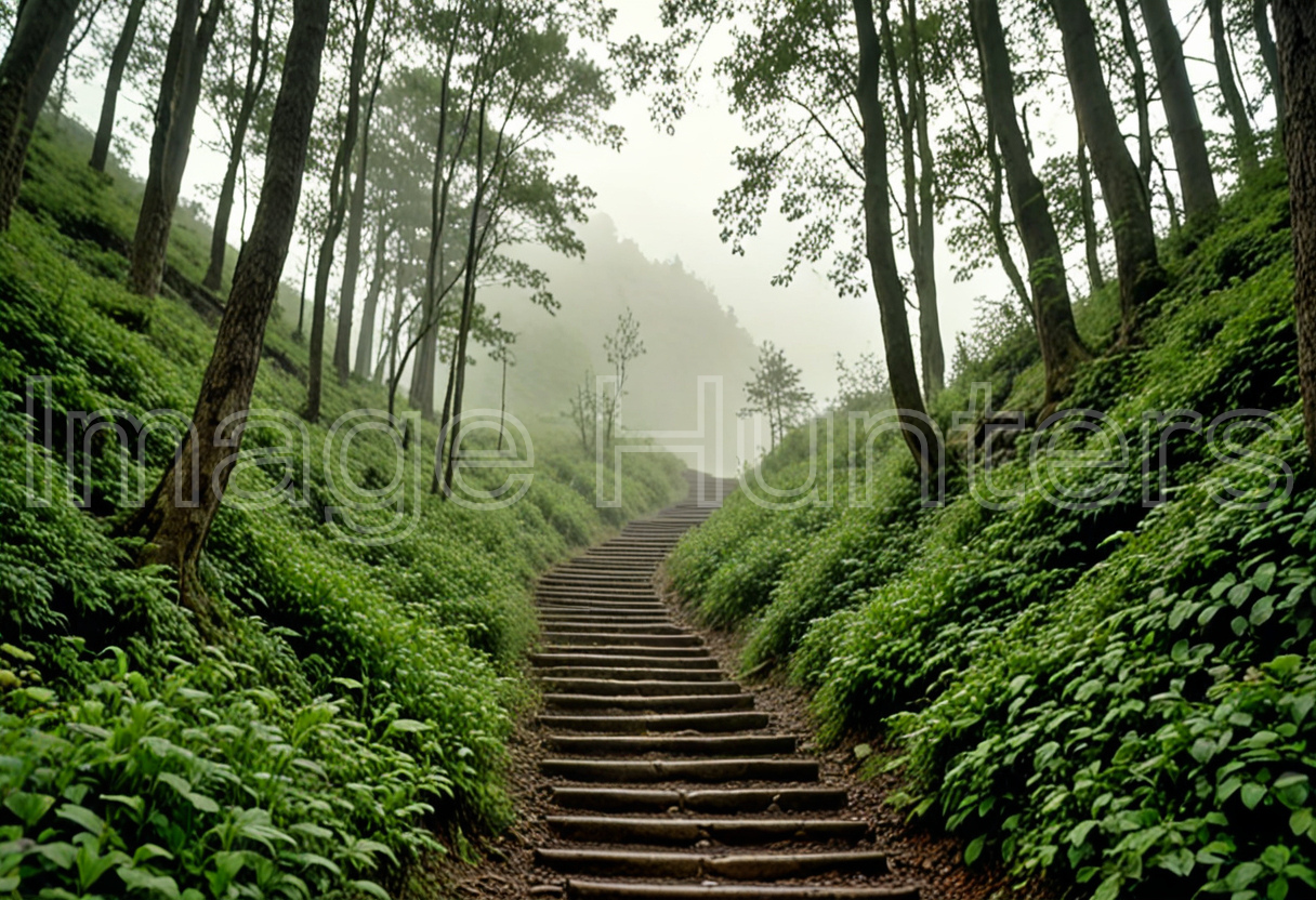 Misty Mountain Path Through Dense Green Vegetation