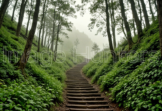 Misty Mountain Path Through Dense Green Vegetation