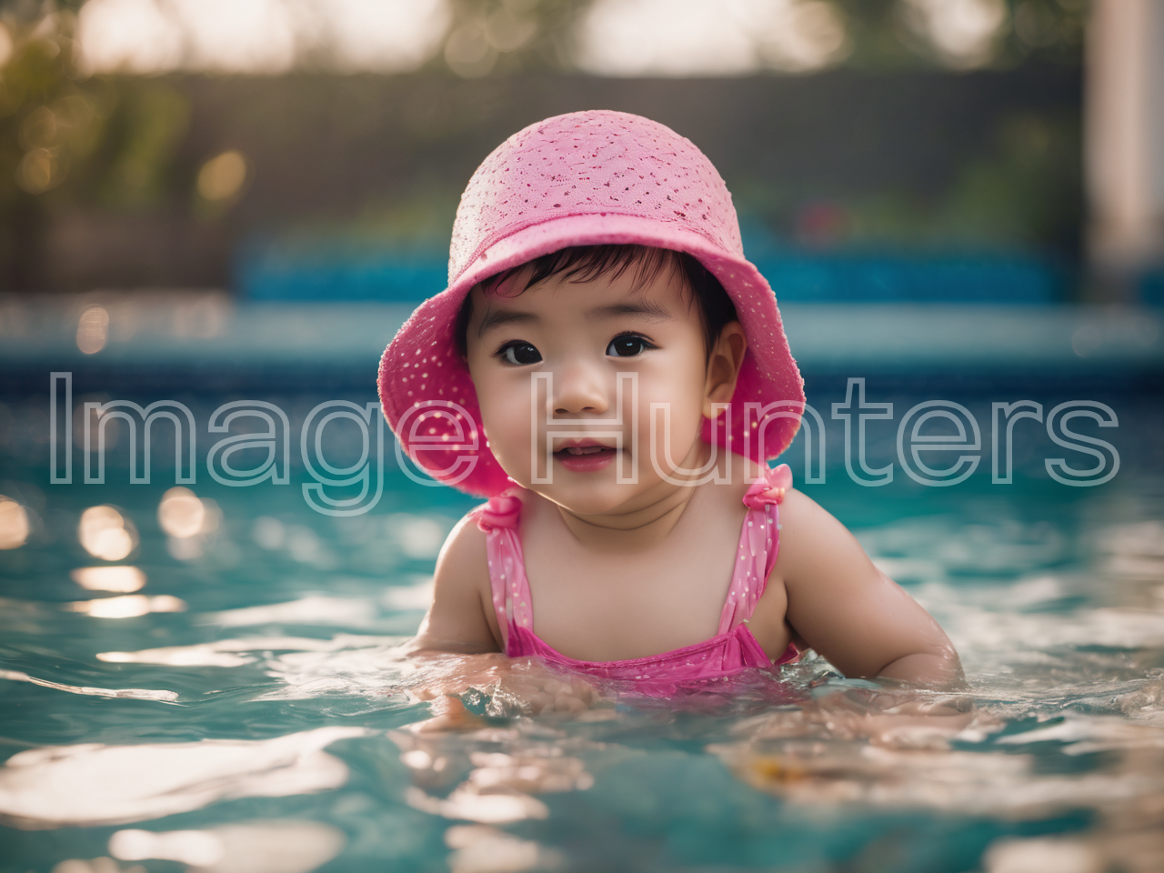 Adorable Girl in Pink Hat Enjoying a Swim