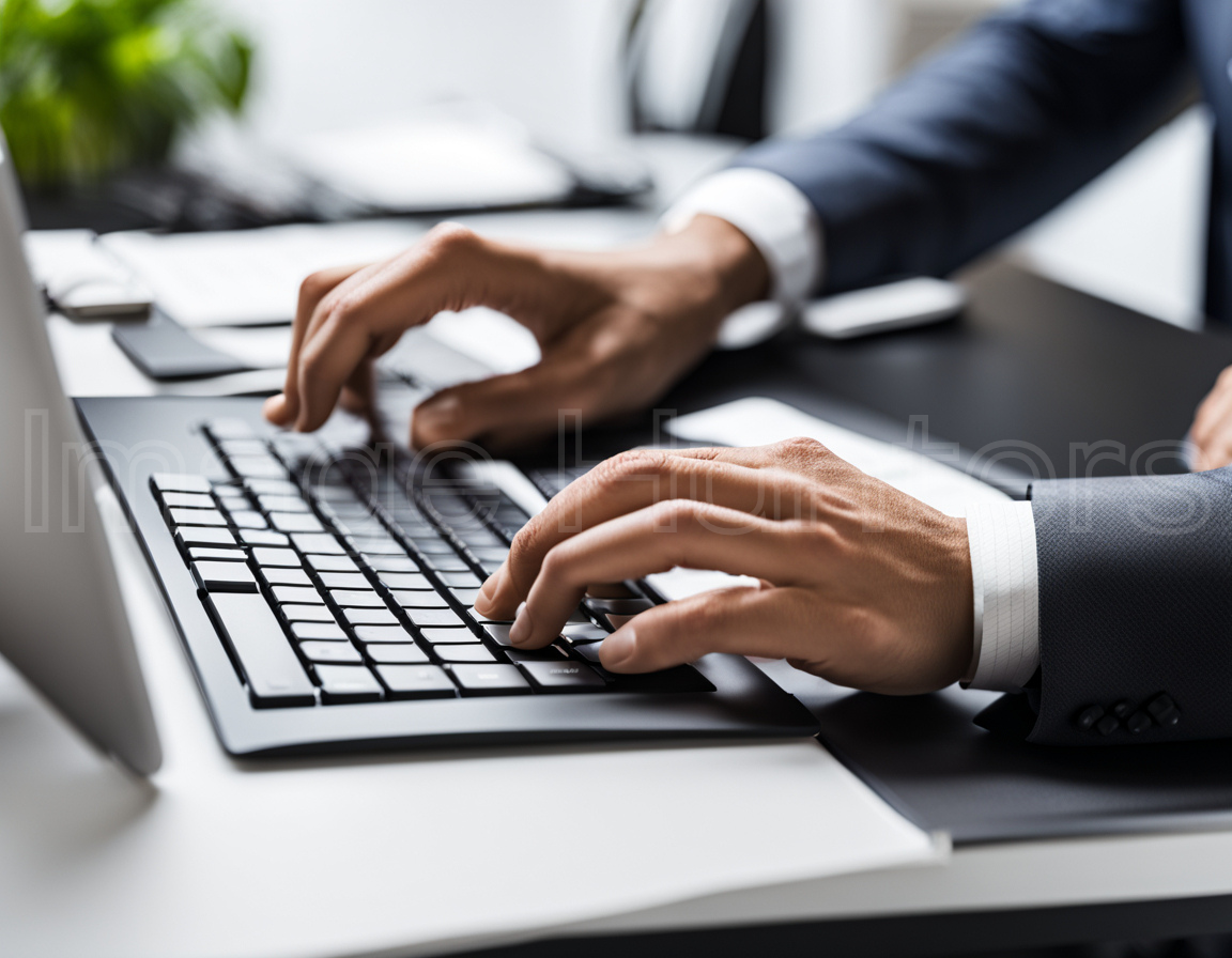 A close-up view of a man's hands typing on a computer keyboard.