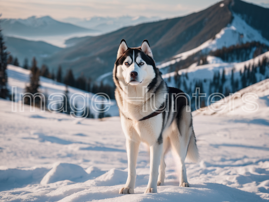 Siberian Husky on Snowy Mountain Summit