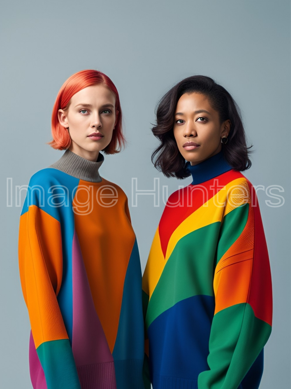 Lesbian couple in colorful sweaters standing together