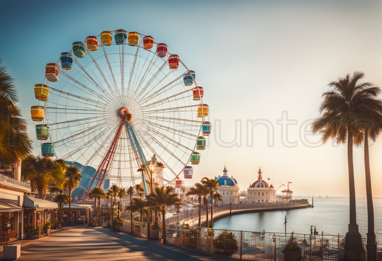 Ferris wheel by palm trees with stunning seaside views under a clear sky