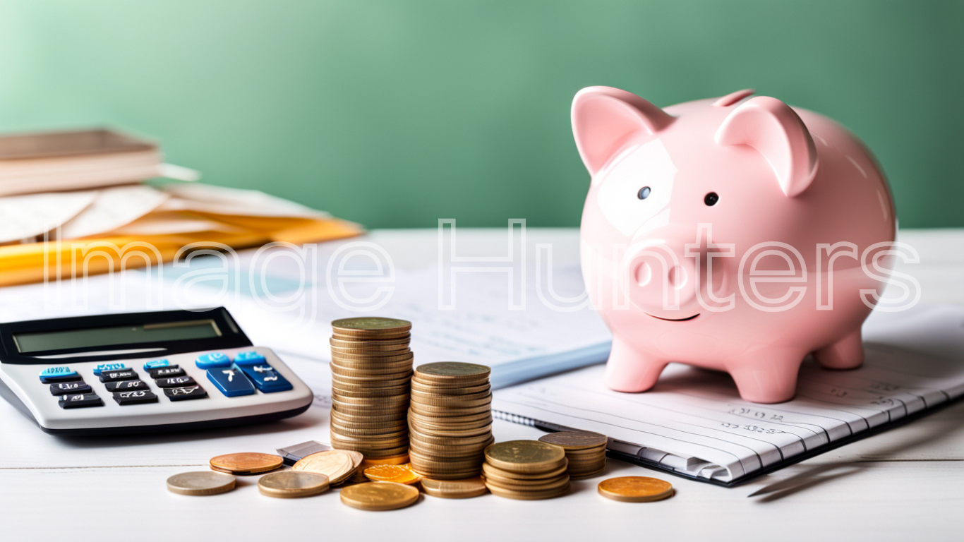 A piggy bank with coins, a notepad, and a calculator,