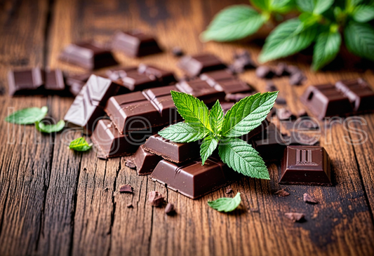 Dark Chocolate and Mint Leaves on Rustic Wooden Background