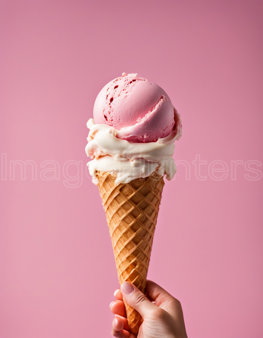 Hand Holding Double Scoop Ice Cream on Pink Background