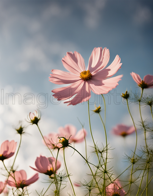 Cosmos Flowers Adorn Celestial Sky Background