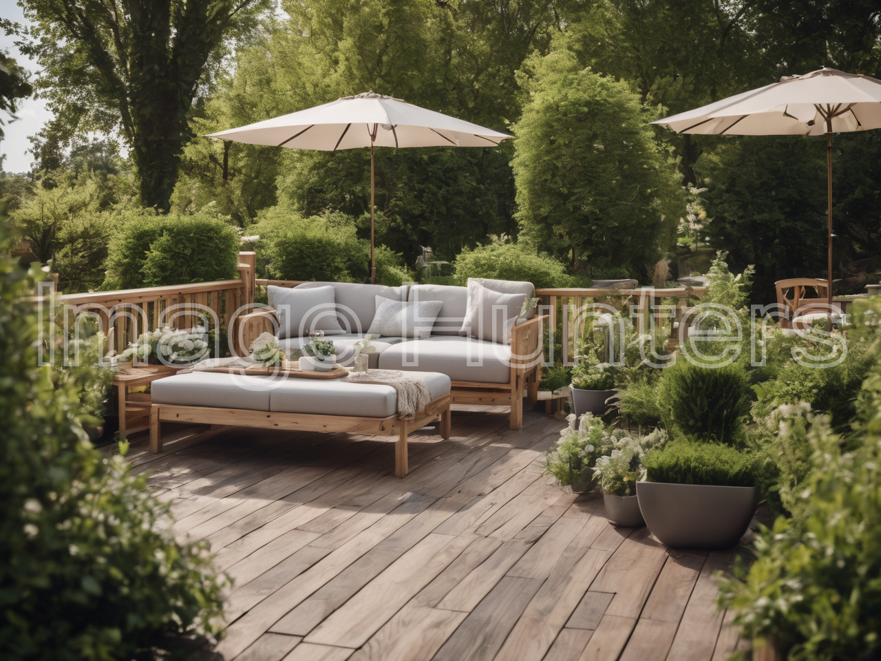 wooden terrace, garden furniture, surrounded by lush greenery