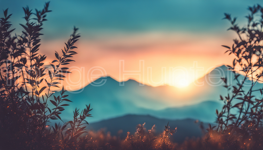 Sunset with Silhouetted Mountains and Shrubs