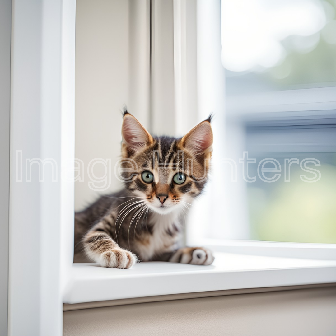 An adorable kitten curiously gazes through a window