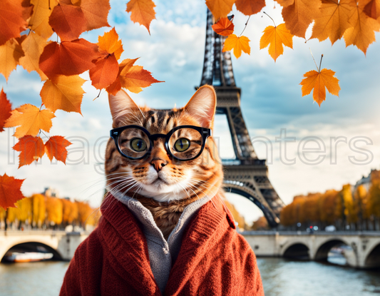 A stylish cat in glasses poses with Eiffel Tower backdrop