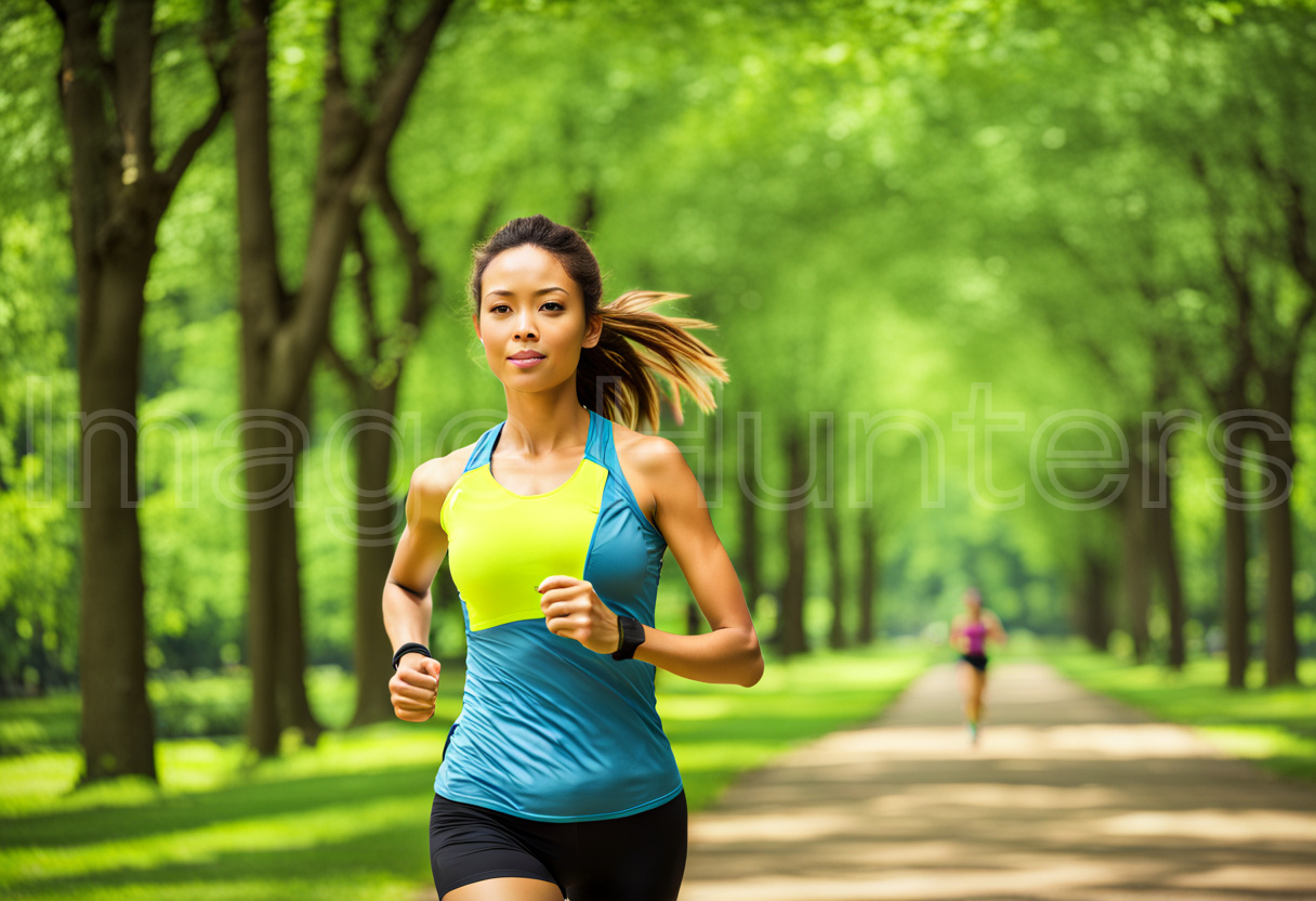 Woman jogging through a sunny park