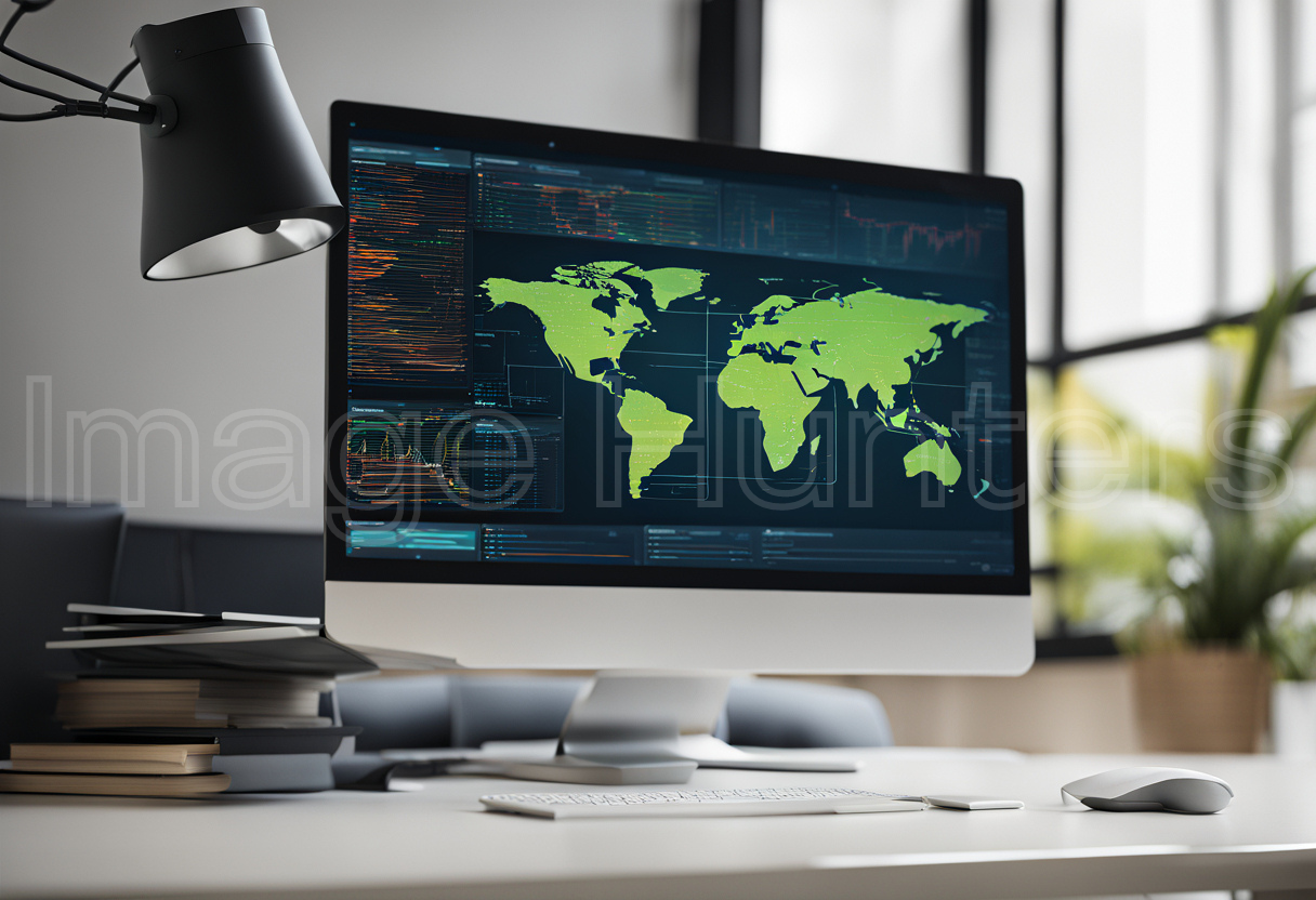 Computer monitor showing abstract code overlaying a world map backdrop