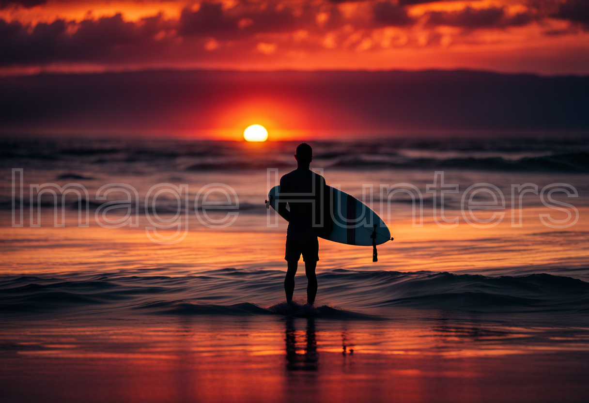 Silhouetted surfer stands with board against stunning sunset