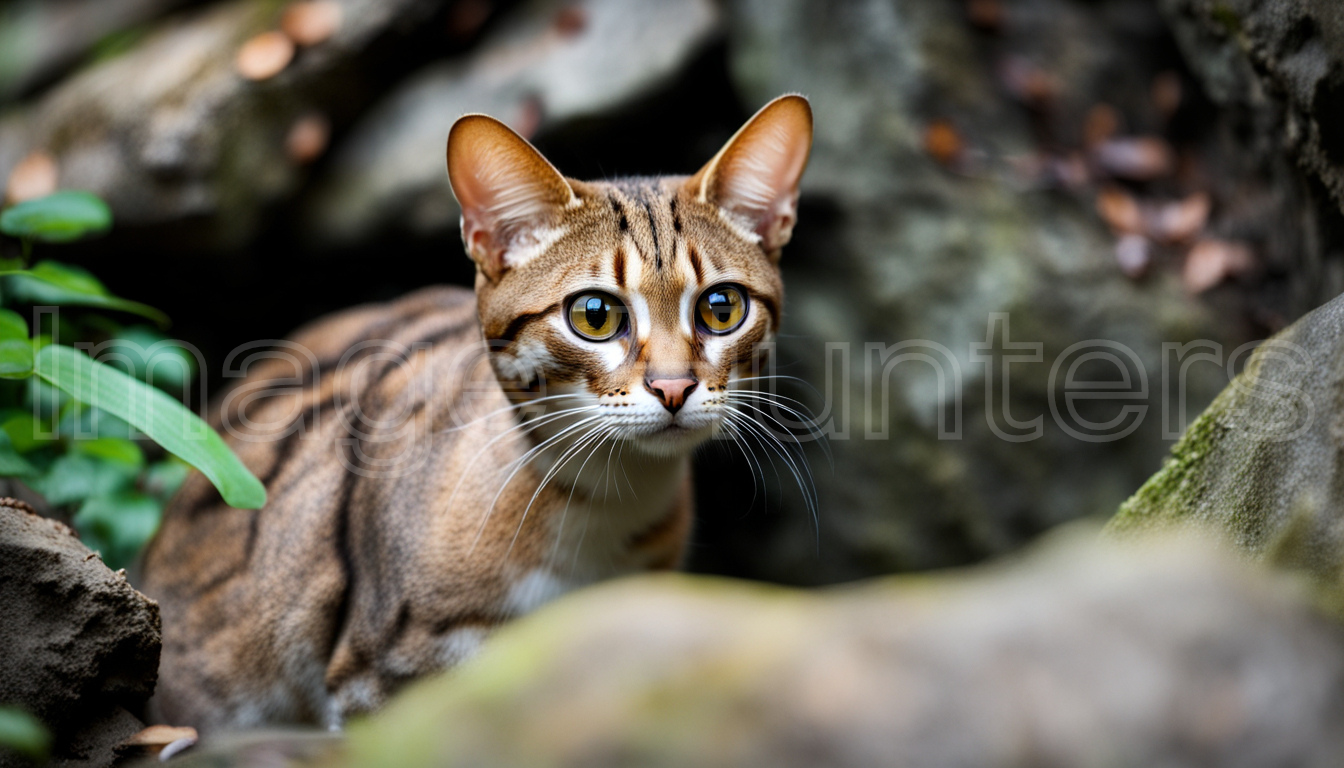 Rusty Spotted Cat hidden behind a rock