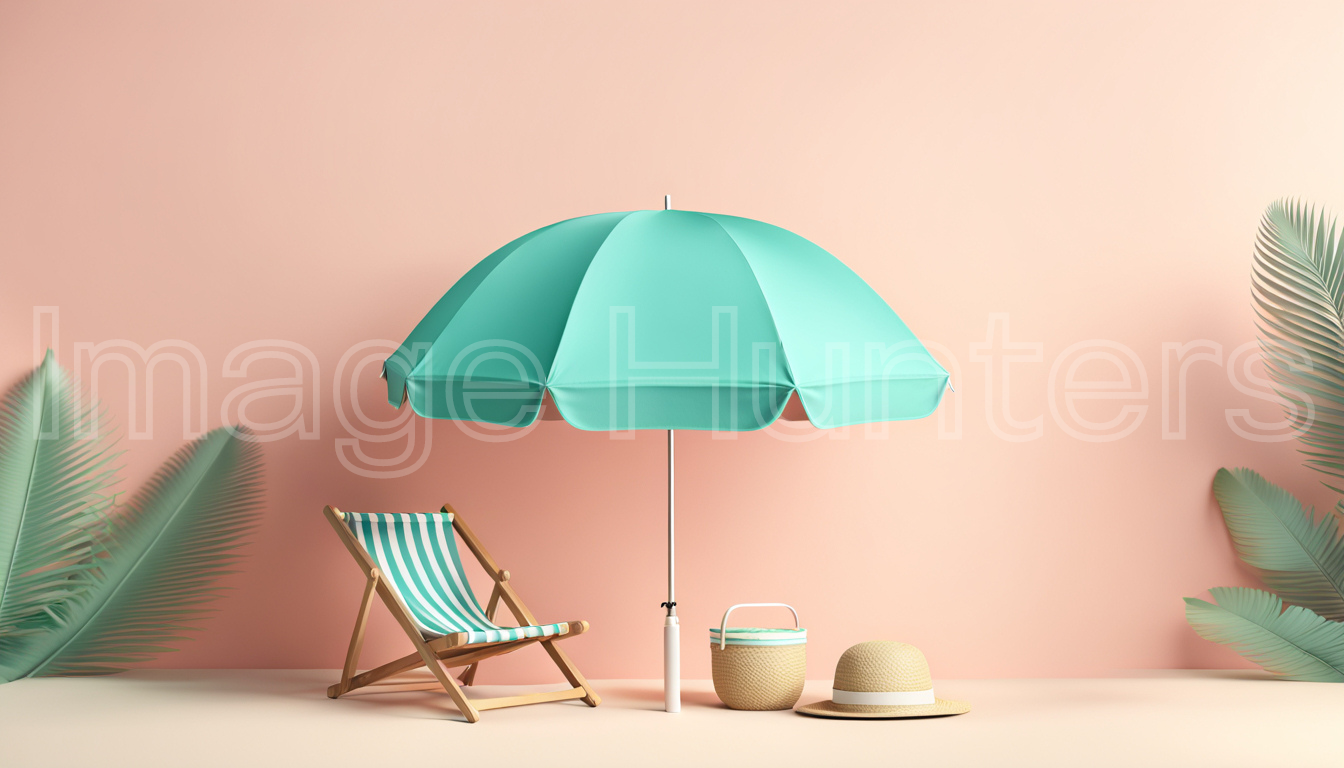 Cheerful beach chair and umbrella against a serene pastel wall