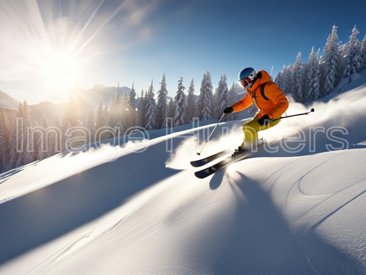 Skier Gliding Toward the Radiant Sunlight on the Snowy Slopes