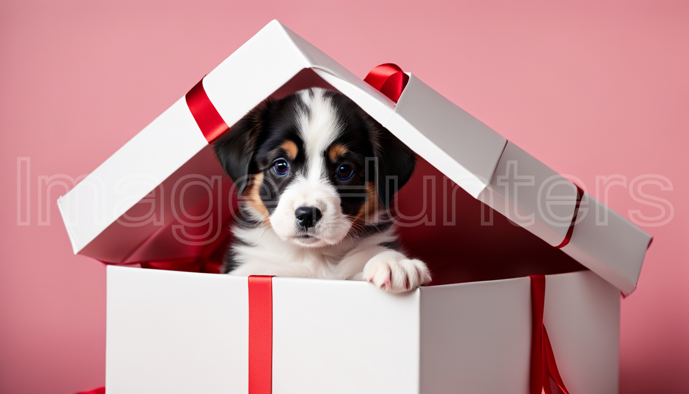 puppy pops out of a gift box against a pink background