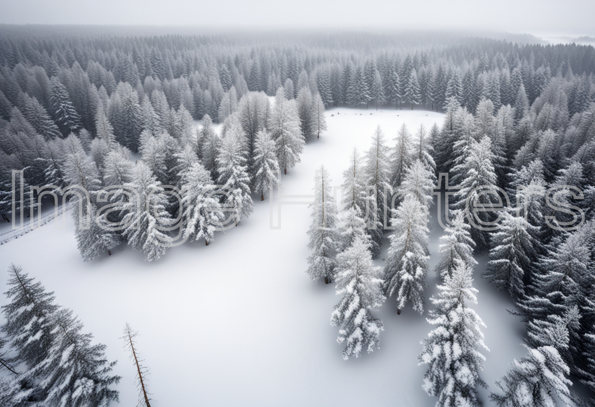 Snowy Pine Forest in Aerial View