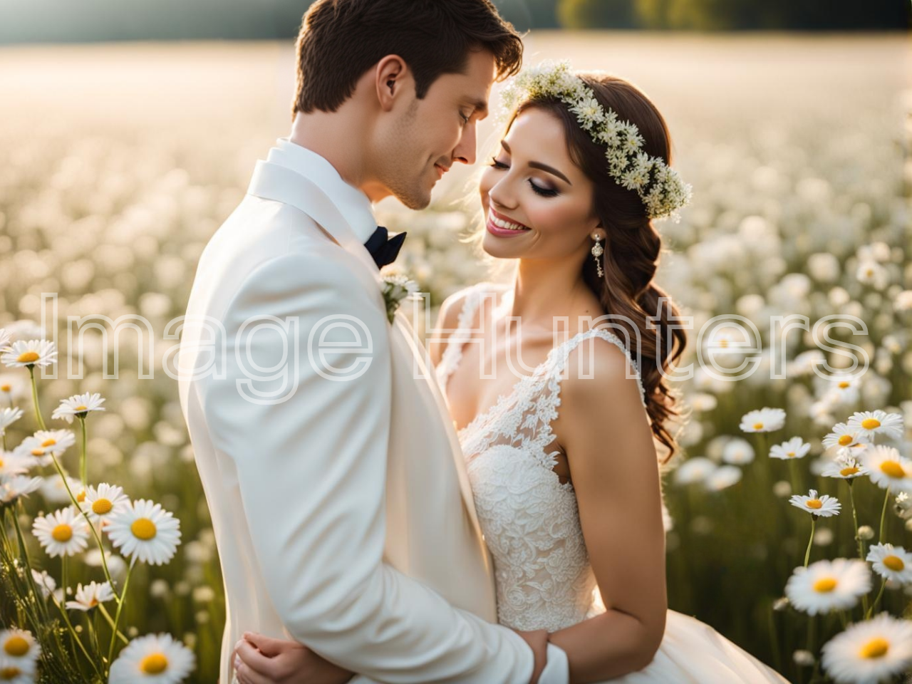 A happy couple surrounded by daisies, wedding portrait