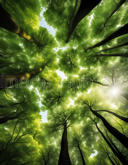 Sunlight filters through lush green leaves