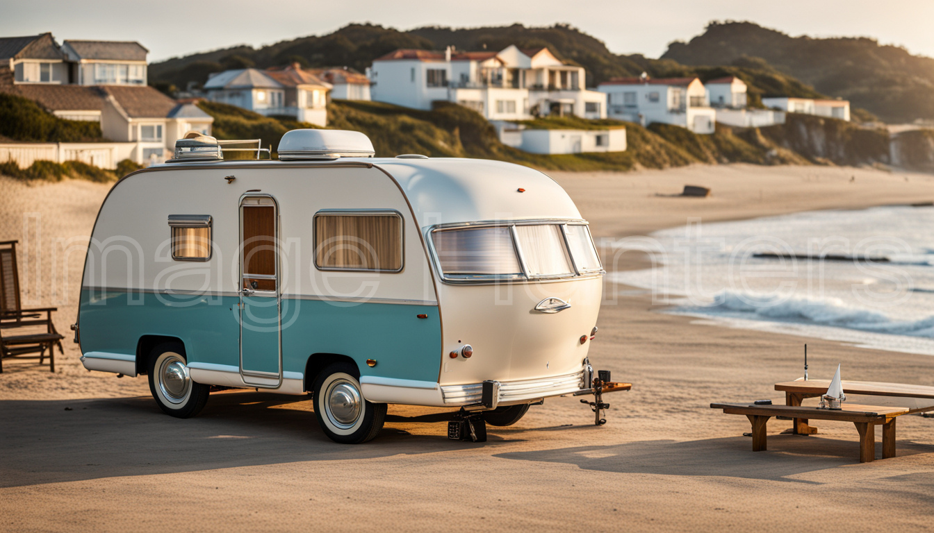 Vintage van truck parked by tranquil ocean