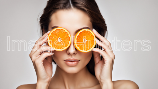 Woman with orange on white background