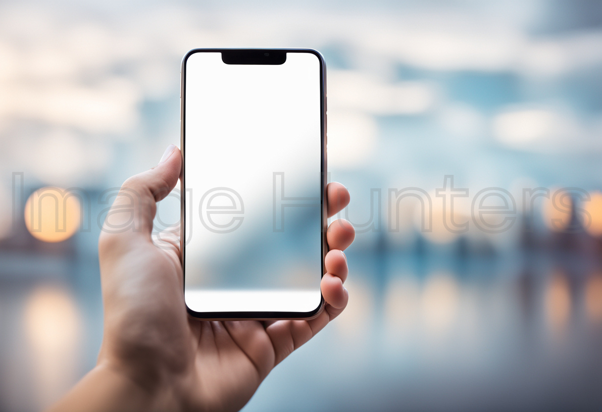 Hand Holding Smartphone with Blank Screen in Blurry Background