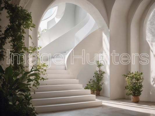 White Arch, Stairs, and Plant in Golden Sunlight