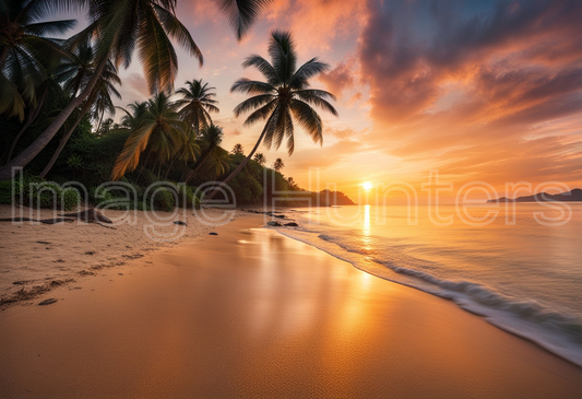 Tropical Beach Sunset with Coconut Tree