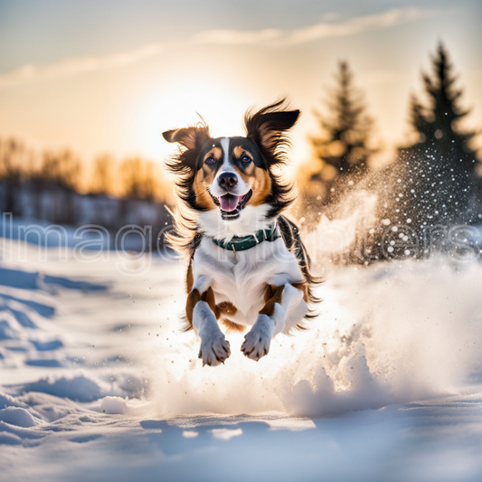 Happy Dog Jumping in the snow