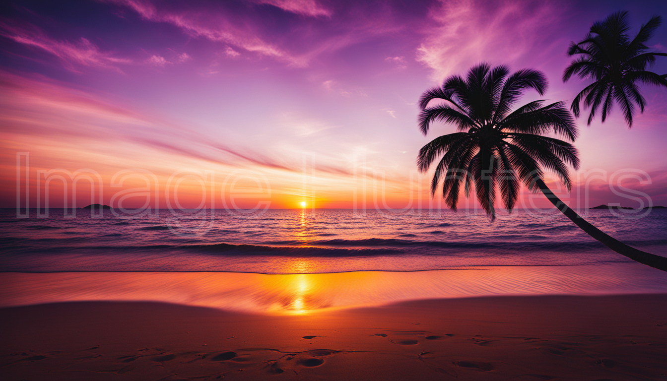 Palm Trees at Sunset on Beach Horizon