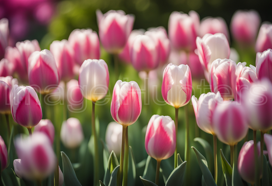 Pink and White Tulips Blooming in Field